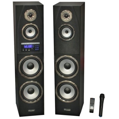 АКТИВНИ ТОНКОЛОНИ 2X100W FM USB/SD/MP3 BT БЕЗЖИЧЕН МИКРОФОН ЗА КАРАОКЕ