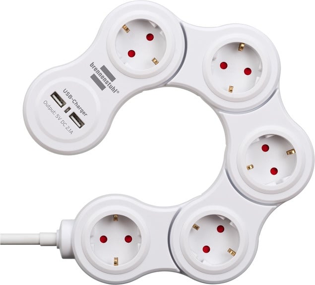 Гъвкав разклонител 5-ца, с 2 USB зарядни порта, 1.4m кабел, бял