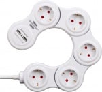 Гъвкав разклонител 5-ца, с 2 USB зарядни порта, 1.4m кабел, бял